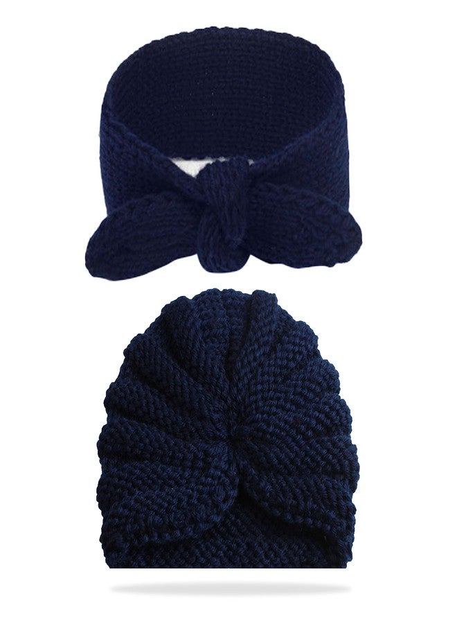 Bembika Beanie with Headband for Baby Girls – Soft & Stylish Hair Accessories, Elastic Newborn Headbands for Girls -(0–24 Months | Dark Blue) - Image 1