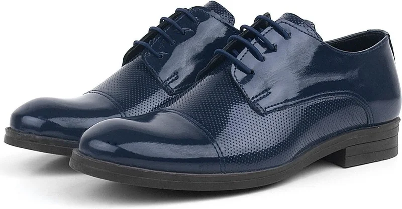 Rakerplus Navy Blue Patent Leather Laced Children's Oxford Classic Shoes