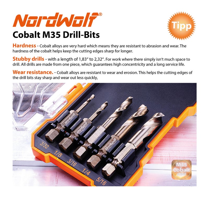 NordWolf 5-Piece M35 Cobalt Stubby Drill Bit Set for Stainless Steel & Hard Metals, with 1/4" Hex Shank for Quick Chucks & Impact Drivers, SAE Sizes 3/32"-1/8"-3/16"-1/4"-5/16" in Storage Case - Image 3