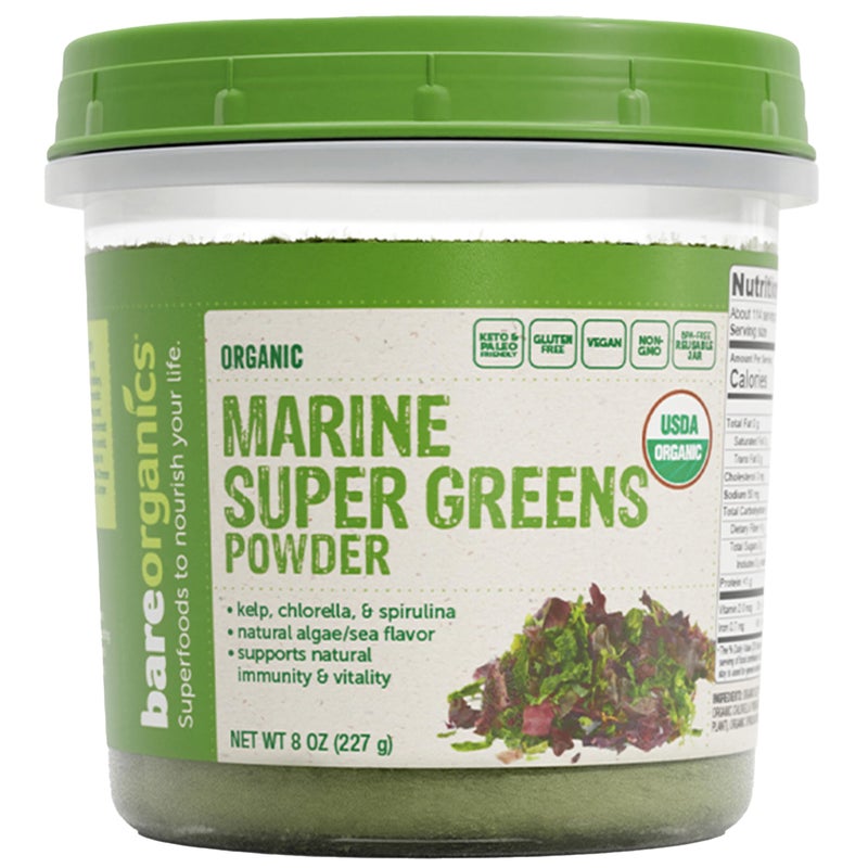 BareOrganics Marine Super Greens Powder USDA Organic Vegan GlutenFree NonGMO BPAFree Superfood Powder with Organic Kelp Spirulina Chlorella 8 oz