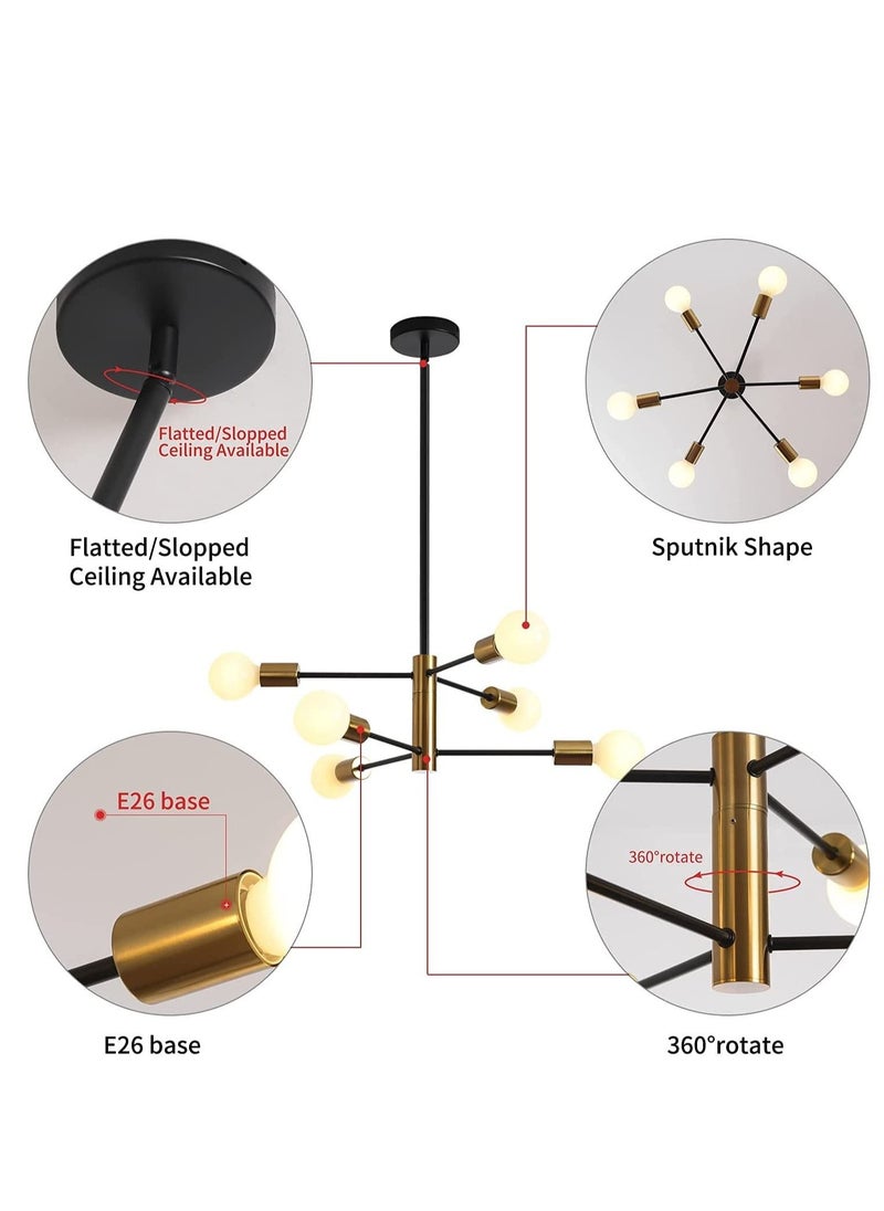 MIXDE - Modern Chandelier, Sputnik Chandelier, Ceiling Light Fixture, Dining Room Chandelier Over Table Height Adjustable, Black and Gold Mid Century Chandelier(Without Bulb)(6 Light) - Image 1