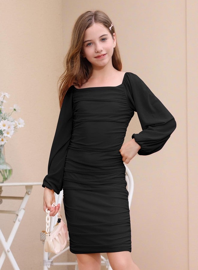 ODIZLI Girls Ruched Bodycon Teens Party Dress Mesh Long Sleeve Pencil Short Dress Tight Dresses for Teens Holiday, Black, 9-10 Years - Image 2