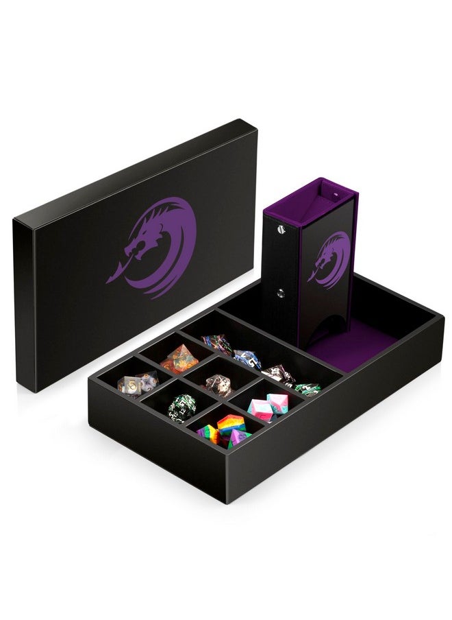 DNDND 1 Dice Rolling Tray Dice Tower And Dice Storage, Dndnd Portable Rectangle Storage With Lid For Table Game Dungeons And Dragons D&D Or Tabletop Rgp Gaming (Purple Velvet And Black Pu Leather)  - Image 1