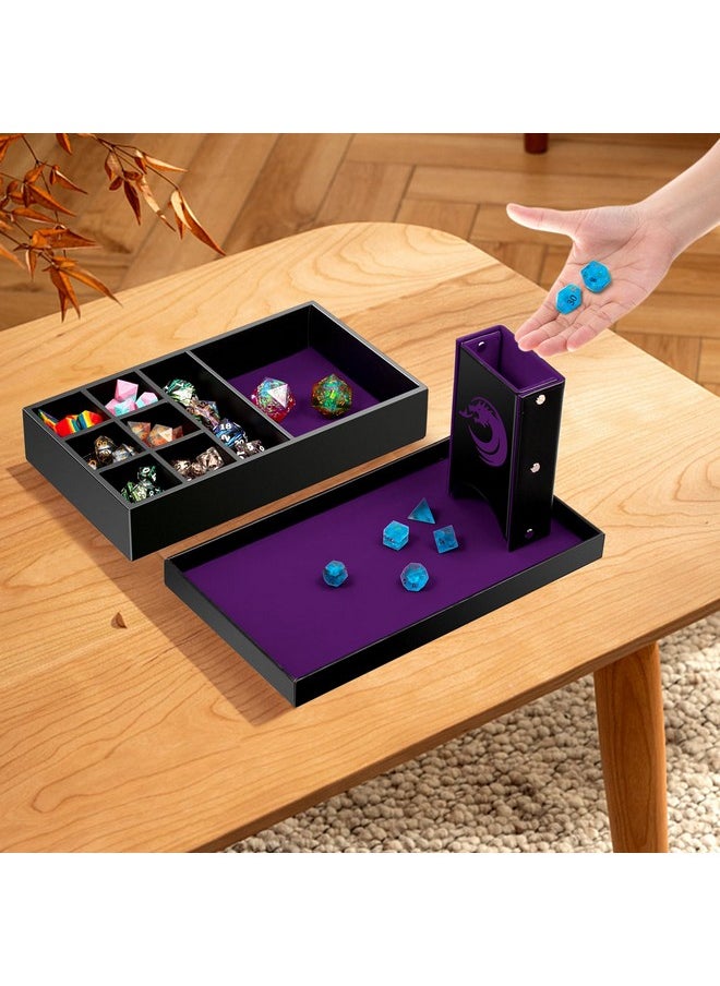 DNDND 1 Dice Rolling Tray Dice Tower And Dice Storage, Dndnd Portable Rectangle Storage With Lid For Table Game Dungeons And Dragons D&D Or Tabletop Rgp Gaming (Purple Velvet And Black Pu Leather)  - Image 2