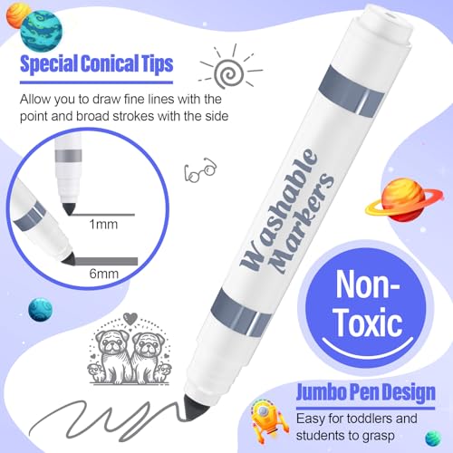 Janlaugh 24 Pcs Washable Markers Bulk Broad Line Markers Coloring Conical Tip Large pens for Kids art projects Teachers Students Toddlers Party Favors Classrooms DonationsGray - Image 5