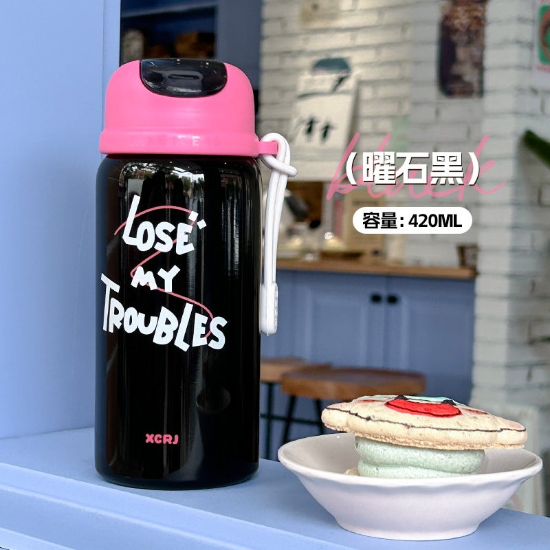 Simple school thermos cup student special portable straw cup cartoon cute small stainless steel cup wholesale X-214W black
