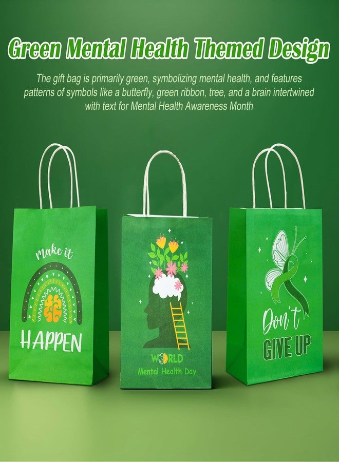 Kolldenn 30 Pcs Mental Health Gift Bags Bulk Mental Health Awareness Party Treat Green Ribbon Xmas Kraft Paper Gift Bags with Handles for Public Charity Events Favor Party Supplies - Image 3