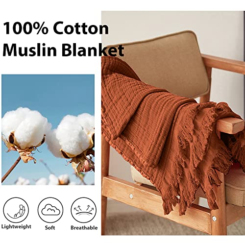 Simple&Opulence Cotton Muslin Throw Blanket for Bed, Couch, Knit Woven Gauze Blanket with Tassels, Soft Lightweight Cozy Pre-Washed Breathable Farmhouse Decoration for All-Season (Rust Orange) - Image 3