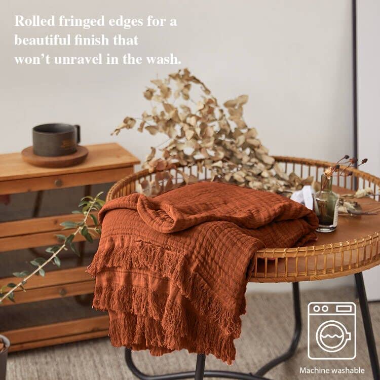 Simple&Opulence Cotton Muslin Throw Blanket for Bed, Couch, Knit Woven Gauze Blanket with Tassels, Soft Lightweight Cozy Pre-Washed Breathable Farmhouse Decoration for All-Season (Rust Orange) - Image 4
