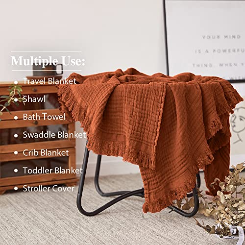 Simple&Opulence Cotton Muslin Throw Blanket for Bed, Couch, Knit Woven Gauze Blanket with Tassels, Soft Lightweight Cozy Pre-Washed Breathable Farmhouse Decoration for All-Season (Rust Orange) - Image 5