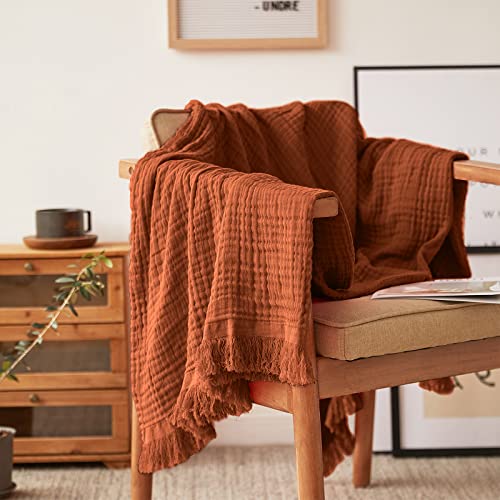 Simple&Opulence Cotton Muslin Throw Blanket for Bed, Couch, Knit Woven Gauze Blanket with Tassels, Soft Lightweight Cozy Pre-Washed Breathable Farmhouse Decoration for All-Season (Rust Orange) - Image 1
