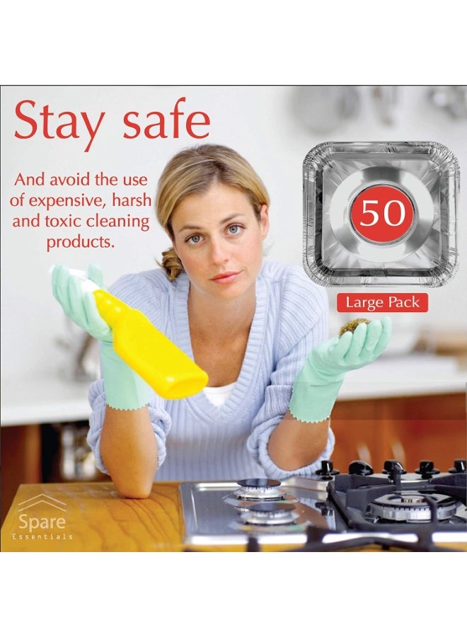 KASTWAVE Disposable Gas Burner Liners 50 Pack, Aluminum Foil Square Stove Covers, Range Protectors, Stove Top Foil Covers for Gas Burners, Catch Food Spills, Aluminum Stove Burner Cover, Foil Liner 8.5x8.5 In - Image 3