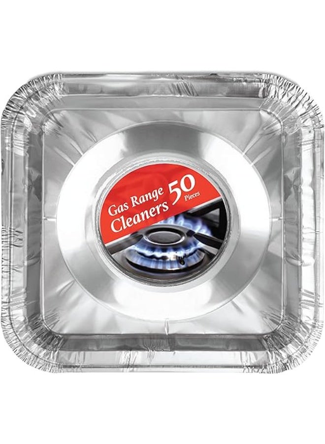 KASTWAVE Disposable Gas Burner Liners 50 Pack, Aluminum Foil Square Stove Covers, Range Protectors, Stove Top Foil Covers for Gas Burners, Catch Food Spills, Aluminum Stove Burner Cover, Foil Liner 8.5x8.5 In - Image 1