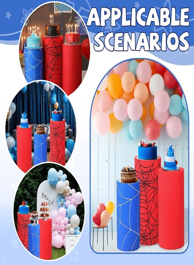 Mindsoft Set of 3 Spiderweb Themed Spandex Cylinder Stand Covers for Halloween Party, Red Blue Cylinder Pedestal Cover, Dessert Table Display for Birthday Baby Shower Backdrop Decor(Spiderweb) - Image 5