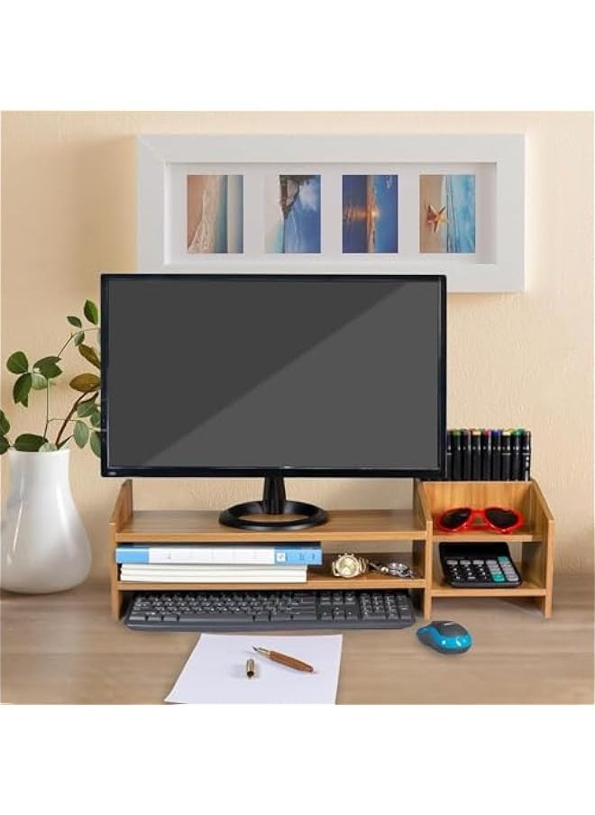 TRASSLE Monitor Stand, 2 Tier Wooden Monitor Stand with Storage Cabinet, Multi-Purpose Desktop Organiser for Computer, Laptop, Printer  - Image 5