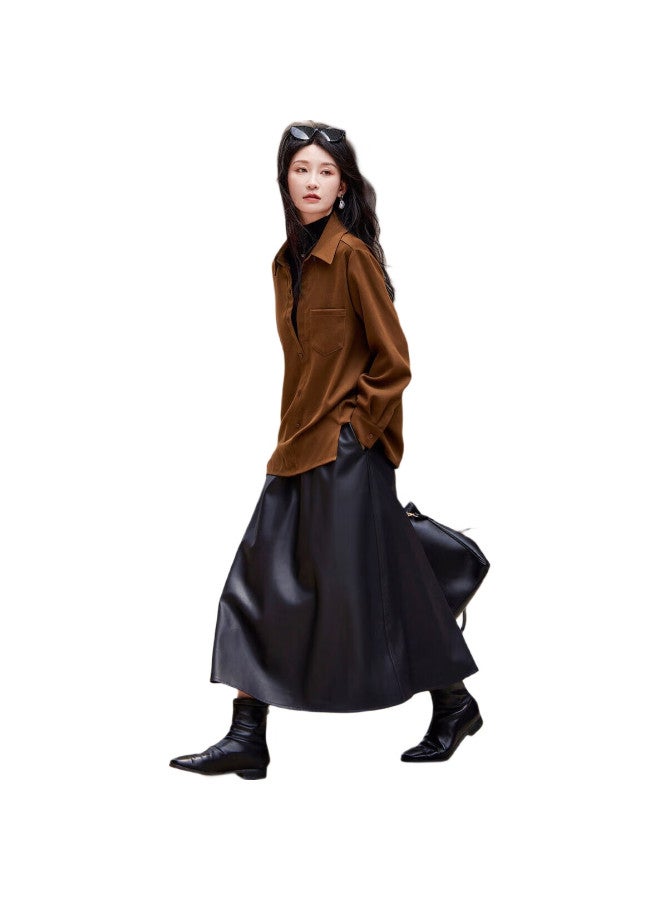 dme Island Sunset 150D Brushed Shirt With V-Neck Patchwork Blouse Women'S Top Chestnut M - Image 2