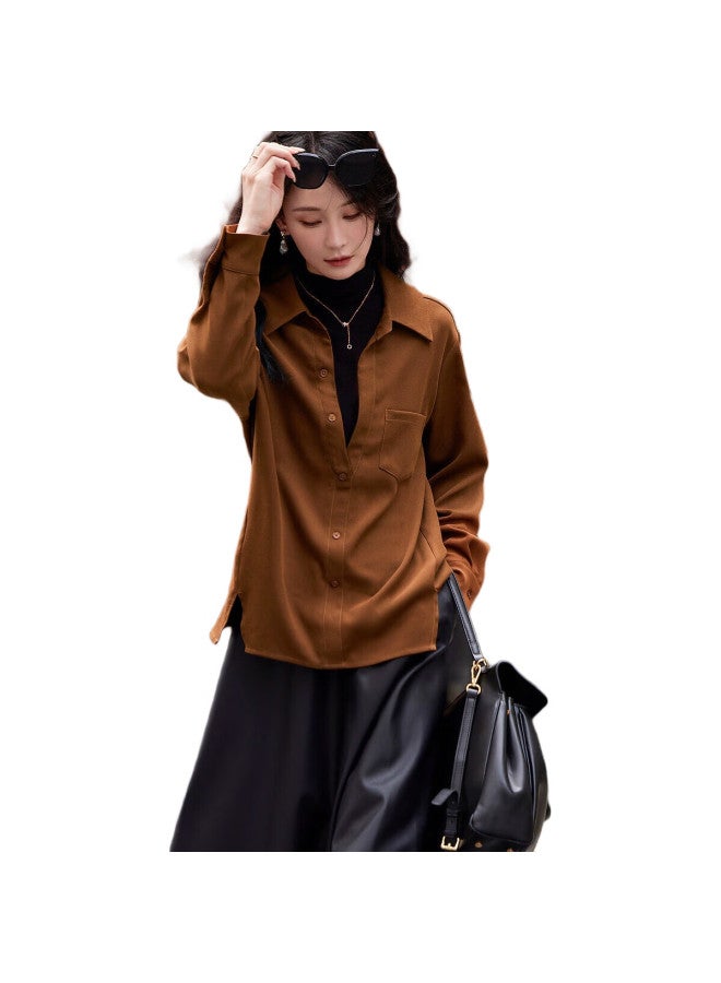 dme Island Sunset 150D Brushed Shirt With V-Neck Patchwork Blouse Women'S Top Chestnut M - Image 1