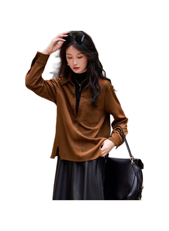 dme Island Sunset 150D Brushed Shirt With V-Neck Patchwork Blouse Women'S Top Chestnut M - Image 3