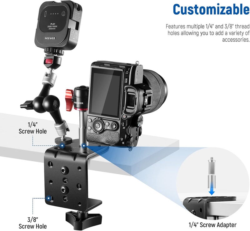 Neewer Heavy Duty C Clamp with Mounting Column for Light Bracket, Adjustable Metal Desk Clamp with 1/4 3/8 Screw for Ring Lighting, Max Load 44 lb/20kg, St-CCD1 - Image 2