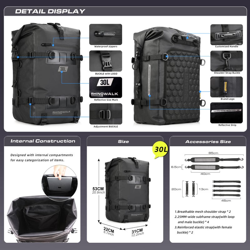 Rhinowalk Motorcycle Tail Bag, Travel Luggage Bags, Waterproof Rear Carrier, Motorcycle Rear Seat Bag Backpack, Rear Rack Trunk - Black 30L - Image 3
