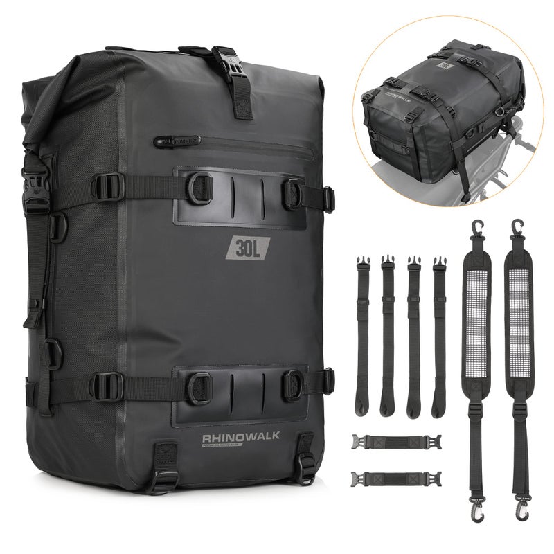 Rhinowalk Motorcycle Tail Bag, Travel Luggage Bags, Waterproof Rear Carrier, Motorcycle Rear Seat Bag Backpack, Rear Rack Trunk - Black 30L - Image 1