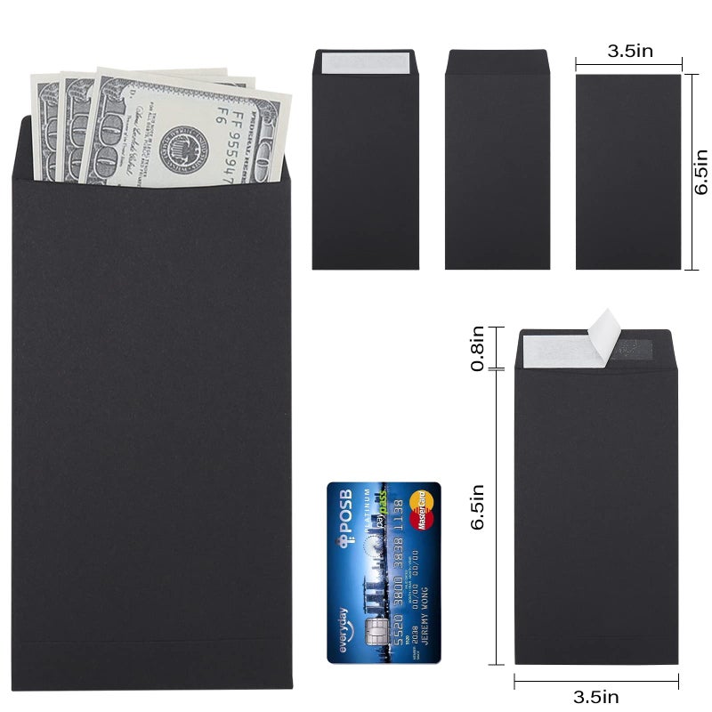 Keketer 100 Pack Cash Envelopes Self adhesive 6.7x3.5 Inch, Fit for Envelope Money Saving Challenge, Black 120 GSM Thick Money Envelopes for Cash, Budgeting, Tips, Check, Coin & Tickets - Image 2