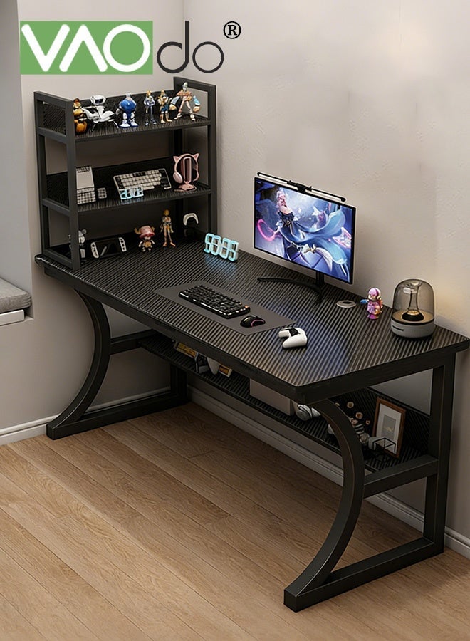 VAOdo Gaming Desk with Storage Shelves & Monitor Stand, Computer Desk, Study Table for Home Office, Small Space Bedroom, Carbon Fiber Black - Image 1