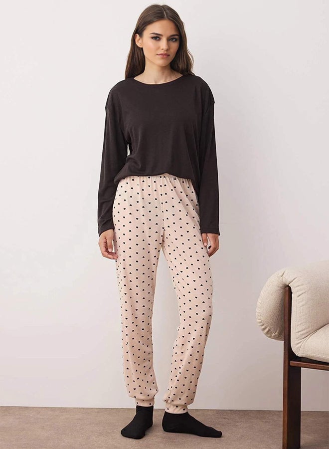 trendyol Black-Cream Heart Knitted Pajamas Set - Image 5