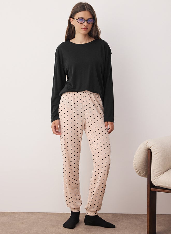trendyol Black-Cream Heart Knitted Pajamas Set - Image 2