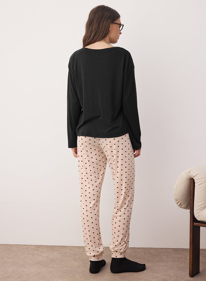 trendyol Black-Cream Heart Knitted Pajamas Set - Image 4