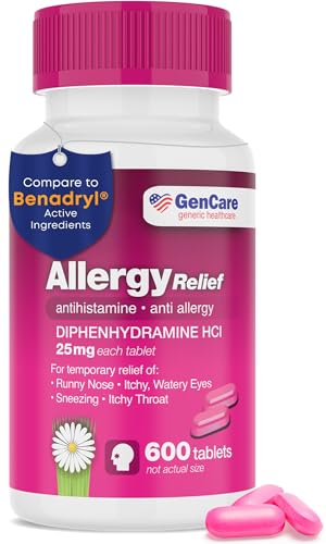 GenCare GenCare Allergy Relief Medicine Antihistamine Diphenhydramine 25mg 600 Tablets Per Bottle Value Pack Relieve for Itchy Eyes Sneezing Runny Nose Seasonal or Indoor Outdoor Allergies