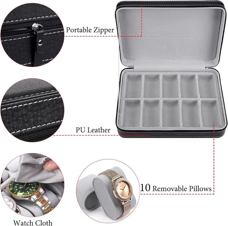 PANIXIA Watch Box for Men 10-Slot Watch Display Case with Zipper Father's Day Gift Mens Watch Holder PU Leather Watch Storage Box Removable Watch Pillows Watch Storage Case (10 Watch Zipper) - Image 4