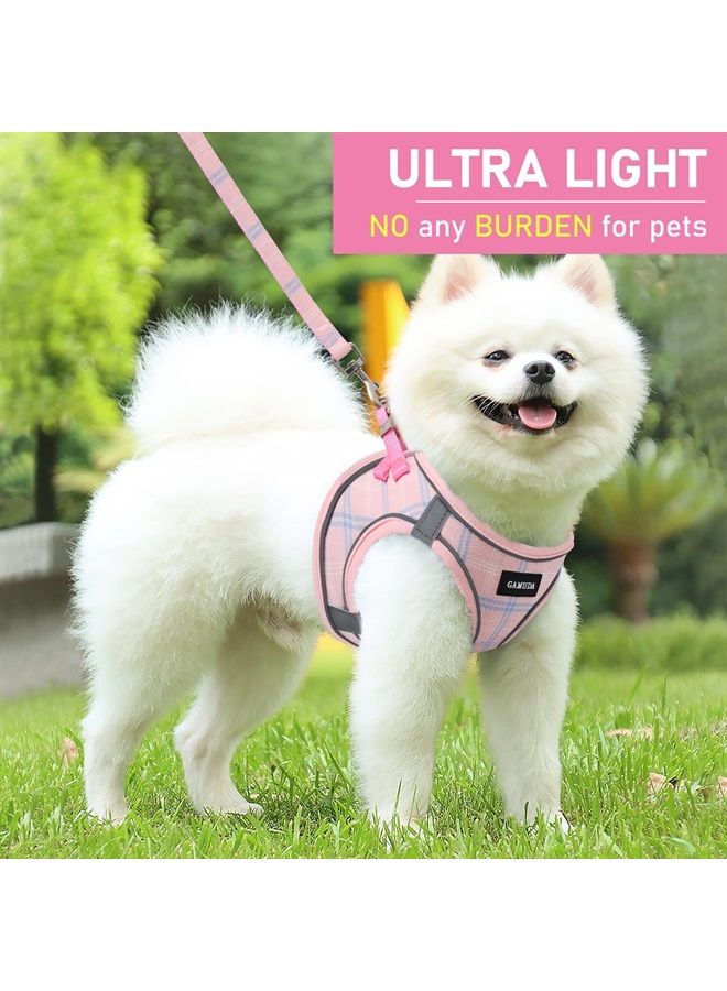 GAMUDA Small Pet Harness Collar and Leash Set, Step in No Chock No Pull Soft Mesh Adjustable Dog Vest Harnesses Plaid Reflective for Dogs Puppy and Cats Outdoor Training and Running (Pink, XS) - Image 4