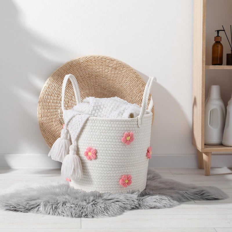 Blushtier 11 Inch Cotton Rope Woven Baskets for Organizing with 3D Flower Nursery Laundry Basket Round Rope Storage Small Laundry Organizer Decorative Living Room Bedroom Decorations - Image 3