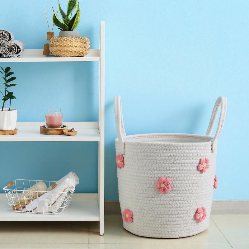 Blushtier 11 Inch Cotton Rope Woven Baskets for Organizing with 3D Flower Nursery Laundry Basket Round Rope Storage Small Laundry Organizer Decorative Living Room Bedroom Decorations - Image 4