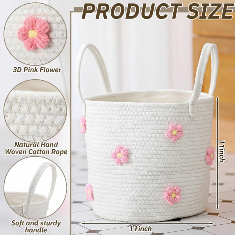 Blushtier 11 Inch Cotton Rope Woven Baskets for Organizing with 3D Flower Nursery Laundry Basket Round Rope Storage Small Laundry Organizer Decorative Living Room Bedroom Decorations - Image 2