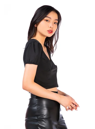 London Rag Black Pleated V Neck Top