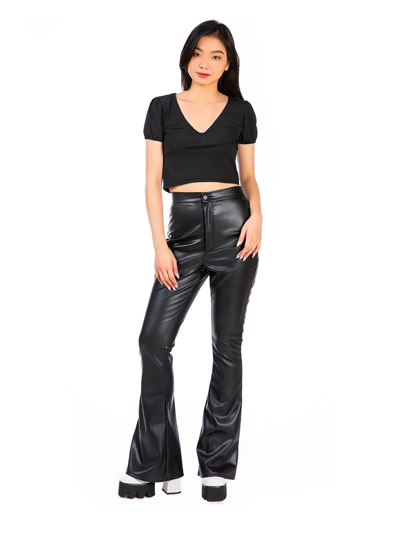 London Rag Black Pleated V Neck Top