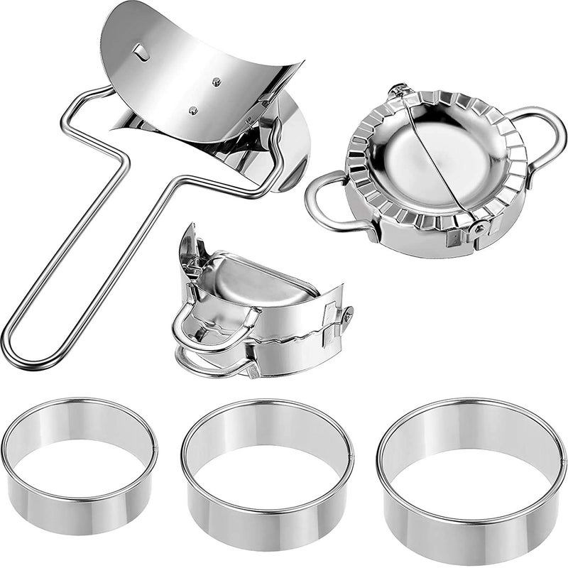 CONNECTWIDE CONNECTWIDE STORE77 6 Pieces Stainless Steel Dumplings Maker 2 Pieces Dumpling Molds 1Piece Dumpling Skin Roller and 3 Pieces Dumpling Skin Cutter Pie Ravioli Empanadas Press Mold  - Image 1