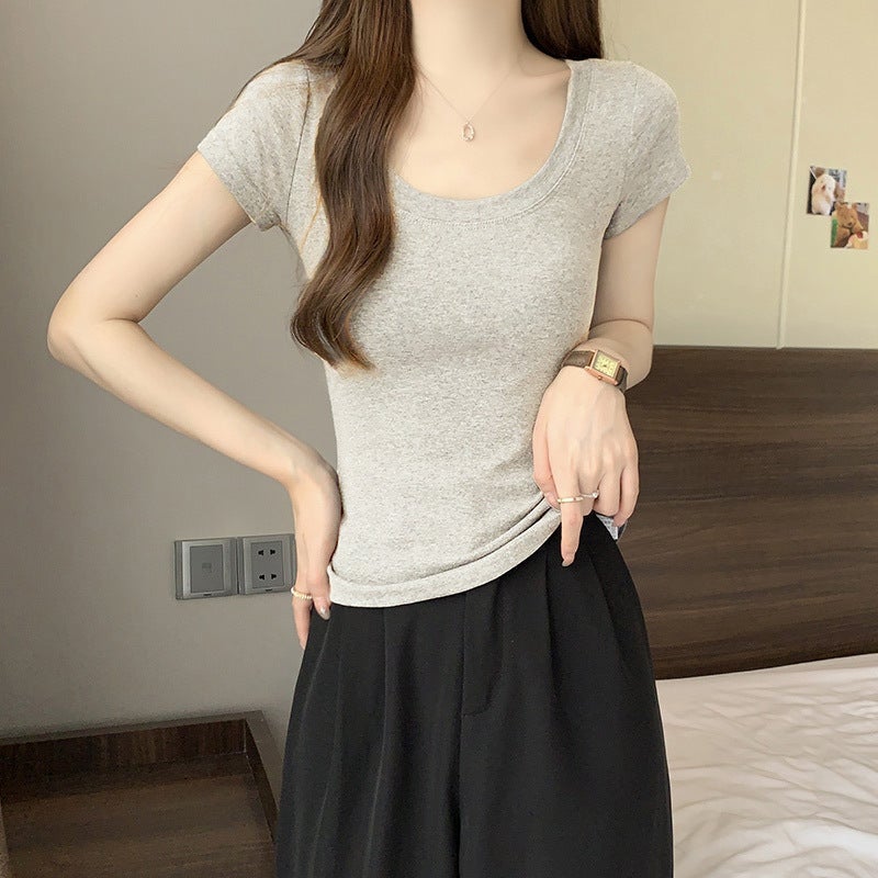 2023 short-sleeved T-shirt for women ins fashionable tight summer collarbone scheming pure hot girl short top women's solid color T-shirt - Image 4