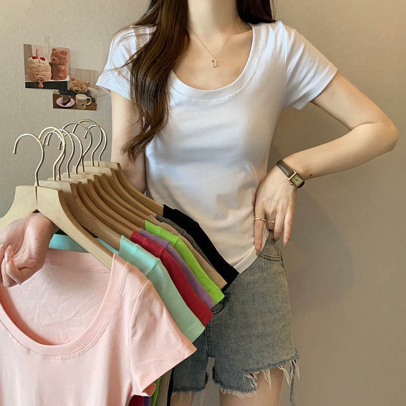 2023 short-sleeved T-shirt for women ins fashionable tight summer collarbone scheming pure hot girl short top women's solid color T-shirt - Image 2