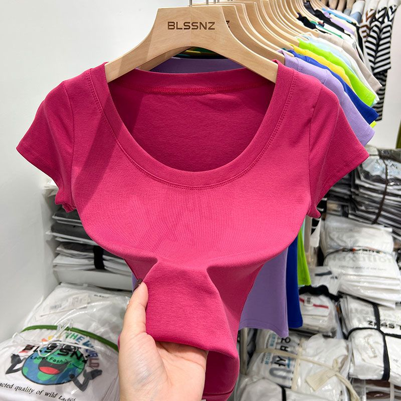 2023 short-sleeved T-shirt for women ins fashionable tight summer collarbone scheming pure hot girl short top women's solid color T-shirt - Image 1