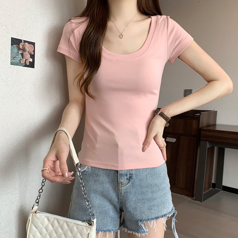2023 short-sleeved T-shirt for women ins fashionable tight summer collarbone scheming pure hot girl short top women's solid color T-shirt - Image 3