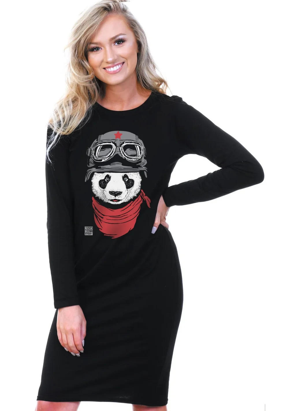 Rock&Roll Rock & Roll Bandana Panda Black Long Sleeve Cotton T-Shirt Women's Dress