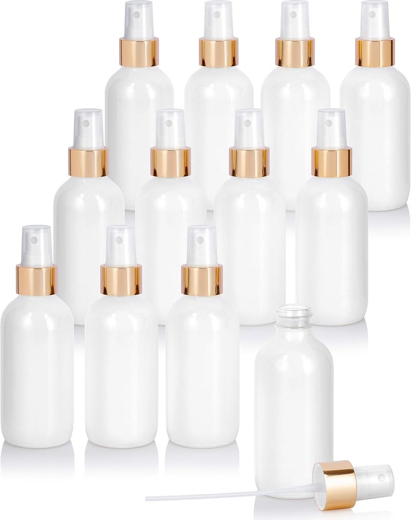 JUVITUS 4 oz / 120 ml High Shine Gloss White Glass Boston Round Bottle with Gold Fine Mist Spray (12 pack)