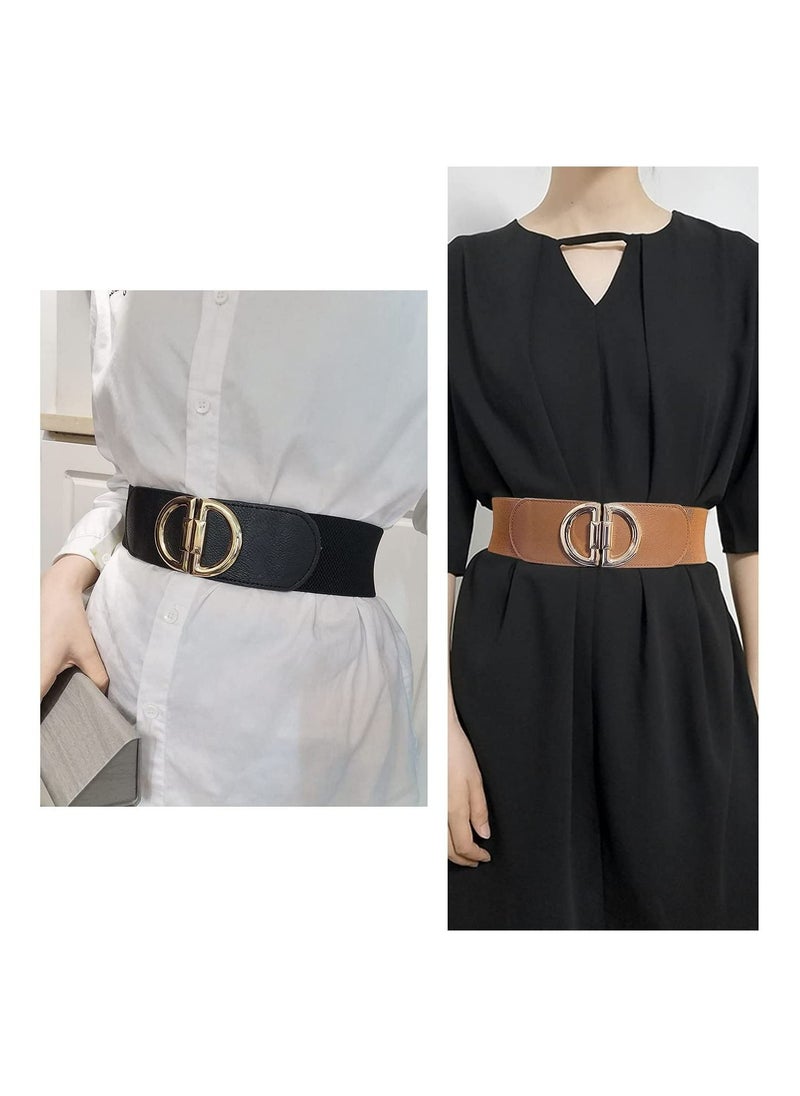 SYOSI - Women's Retro Stretch D-Shaped Buckle Wide Belt, 2pcs Fashion Simple Style, PU Leather Elastic Belt for Dresses Jeans Jumpsuit Coat Waist, Casual Stretch Elastic Wide Waistband - Image 1
