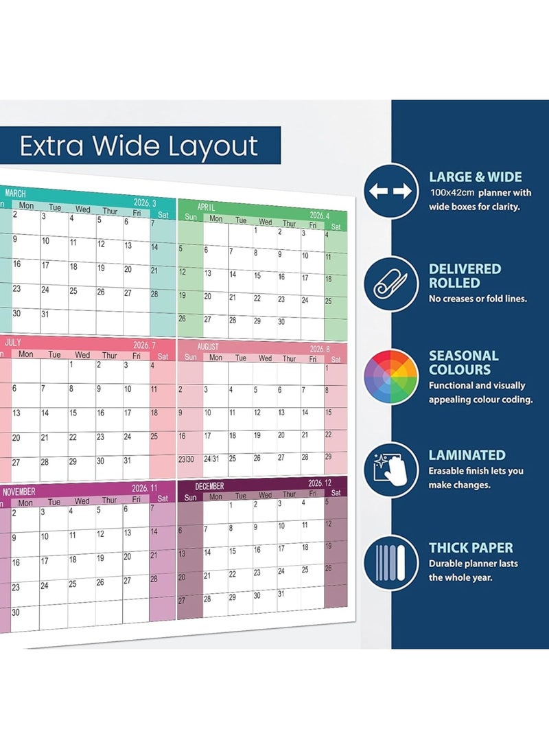 SYOSI تقويم حائط 2026، مخطط كبير قابل للمسح الجاف مع ورق سميك وتصميم واضح لجدول شهري للعائلة والطلاب ومكتب المنزل والمدرسة وتنظيم المكتبة 100x42 سم - Image 5