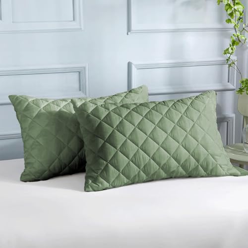 LINENWALAS 100% Bamboo Quilted Solid Pillow Cover - Set of 2, Ultra-Soft, Cooling & Breathable,Skin & Hair Friendly,Hidden Zipper Closure,Sweat-Absorbent, Hypoallergenic (18x28 Inches, Avocado Green) - Image 1