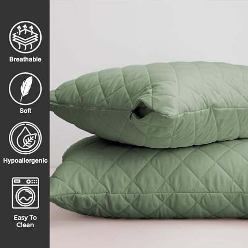 LINENWALAS 100% Bamboo Quilted Solid Pillow Cover - Set of 2, Ultra-Soft, Cooling & Breathable,Skin & Hair Friendly,Hidden Zipper Closure,Sweat-Absorbent, Hypoallergenic (18x28 Inches, Avocado Green) - Image 3