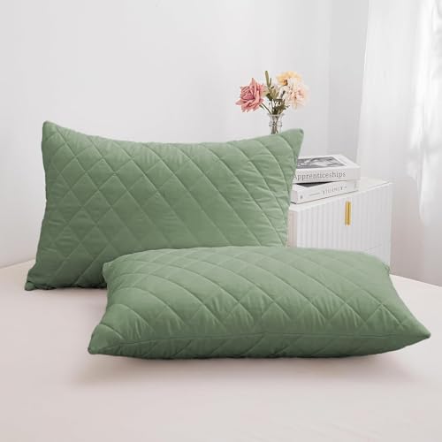 LINENWALAS 100% Bamboo Quilted Solid Pillow Cover - Set of 2, Ultra-Soft, Cooling & Breathable,Skin & Hair Friendly,Hidden Zipper Closure,Sweat-Absorbent, Hypoallergenic (18x28 Inches, Avocado Green) - Image 2